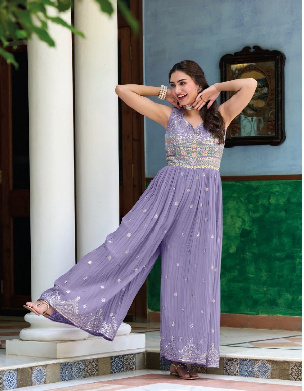 Buy Fancy Party Wear 1 Minute Ready-To-Wear Palazzo Saree Dress - 4 color  options - Orango