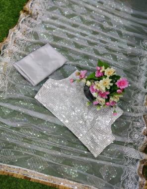 white saree -heavy nylone butterfly net | blouse -banglori silk seqeunce fabric seqeunce zari dori work work casual  