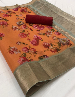 orange soft organza silk fabric digital print jacqaurd weaving work wedding 