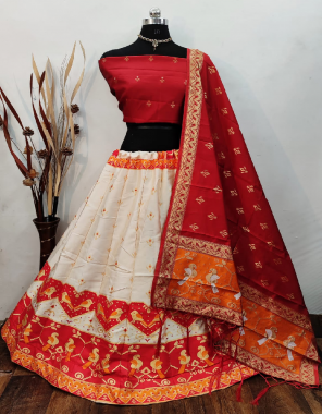 white red lehenga -banarasi brocade silk with inner cancan semi stitch |blouse -pure banarasi silk |dupatta -pure banarasi silk  fabric weaving jacqaurd  work festive  