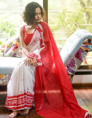white red saree -cotton |blouse -banglori satin silk fabric printed work party wear  