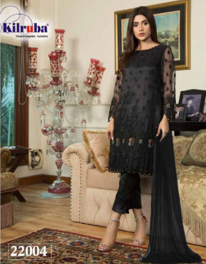 black top- super net embroidery |bottom + inner -santoon |dupatta -super net with peral work |type -semi stitched |size -fit upto 60 |length 50 fabric embroidery work wedding 
