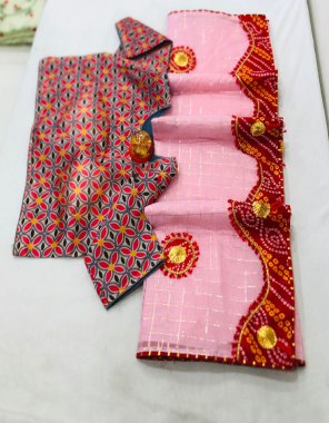 pink saree -cotton checks embroidery gotta patti |blouse -banglori digital print readymade 40 upto 42 fabric embroidery gotta patti work ethnic 