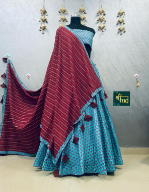 sky maroon lehenga -pure cotton print semi stitch flair 7m |blouse -pure cotton unstitch |dupatta -pure cotton print fabric printed work festive 
