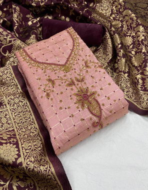 pink top -banarasi chex 1.9m |bottom -santoon 2m |dupatta -banarasi 2.1m fabric handwork work running  