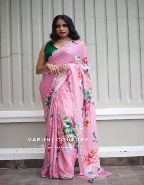 pink saree -satin silk |blouse -banglori silk fabric digital print with seqeunce work border work wedding 