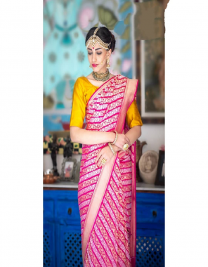 pink soft lichi banarasi silk fabric weaving jacqaurd work ethnic 