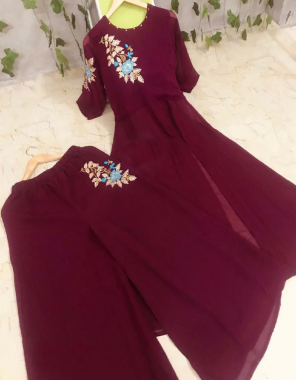 marron georgette kurti with bottom fabric embroidery thread work party wear  