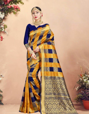 yellow blue banarasi lichi silk fabric weaving jacqaurd  work festive  