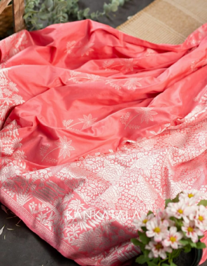 peach soft banarasi silk fabric weaving jacqaurd work ethnic 