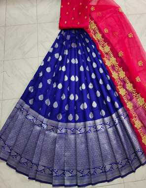 blue lehenga -kanjivaram silk weaving 3m |blouse -satin banglori 1m |vorni -organza 2.20m fabric weaving jacqaurd embroidery work ethnic 
