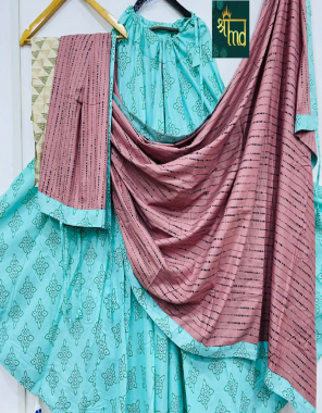 sky lehenga -pure cotton printed | blouse -soft cotton |dupatta -soft cotton |size upto 42 |flair 6 to 7m |type -semi stitched fabric printed work festive  