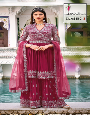 wine top-pure georgette chinon embroidery |bottom puregeorgette net embroidery |dupatta -chinon net nazmin embroidery | size -free size upto 46 fabric embroidery chinon work work party wear  