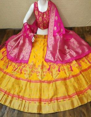 yellow pink lehenga -banarasi brocade with cancan inner semi stitch |blouse -pure banarasi silk full stitch upto 40 |dupatta -pure banarasi silk fabric weaving jacqaurd work wedding  