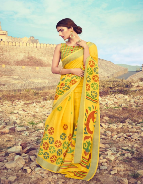 yellow pure linen fabric digital print  work party wear  