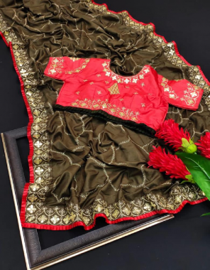 mehndi saree -dola silk zari work |blouse -full stitch 38ready upto 42 fabric zari embroidery work work party wear  