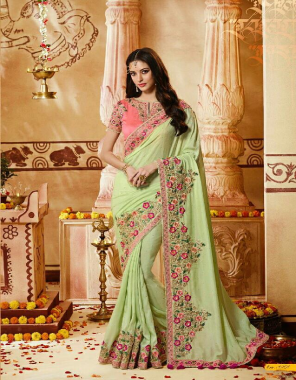 parrot saree -vichitra silk |blouse -banglori silk fabric embroidery work casual 
