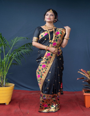black pure soft silk paithani  fabric weaving jacqaurd work ethnic 