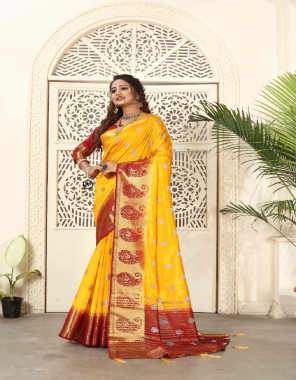 yellow maroon pure kanchipuram silk fabric weaving jacqaurd  work wedding  