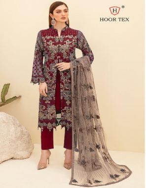 maroon top -heavy georgette embroidery seqeunce |bottom + inner -santoon |dupatta -net with embroidery | size- 58 (9xl) | type -semi stitched  fabric embroidery seqeunce work festive  