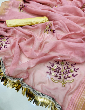 pink pure linen cotton  fabric handwork work festive  