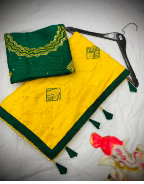 yellow green pure dola silk fabric embroidery sequence work ethnic 