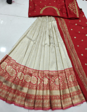 cream lehenga -kanjivaram silk 3m |blouse -banglori satin 1m |vorni -organza embroidery 2.20m fabric embroidery sequence work wedding  