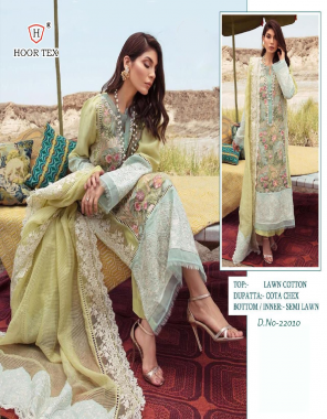 parrot top -heavy lawn cotton with embroidery work |bottom -semi lawn |dupatta -cota chex embroidery  fabric embroidery work festive  