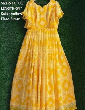 yellow georgette |length 52 |flair -3.5m fabric printed work festive  