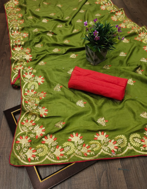 mehndi saree -vichitra silk |blouse -banglori silk fabric embroidery work festive  