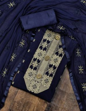 blue top -jacqaurd 2.10m |bottom -santoon 2m |dupatta -nazmin aari work 2.10m fabric embroidery work party wear  