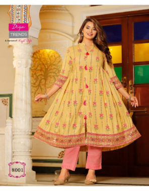yellow rayon with fancy embroidery with classy print length 46 to 48 fabric foil printed work party wear  