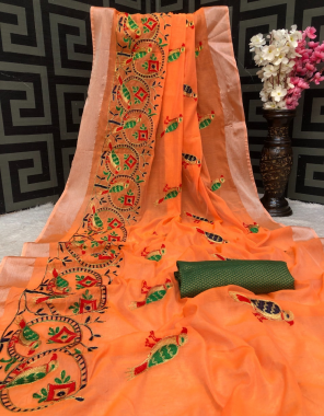 orange chanderi cotton silk fabric embroidery work wedding  