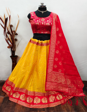 yellow red lehenga -brocade banarasi silk with cancan inner semi stitched |blouse -full stitched pure banarasi silk |dupatta - pure banarasi silk  fabric weaving jacqaurd  work festive  