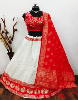 white red lehenga -brocade banarasi silk with cancan inner semi stitched |blouse -full stitched pure banarasi silk |dupatta - pure banarasi silk  fabric weaving jacqaurd  work ethnic 