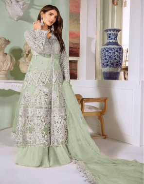 parrot top -heavy net real mirror chain |bottom + inner -santoon |dupatta -heavy net |size -max upto 56 |length -max upto 58 |type -semi stitched  fabric embroidery mirror  work casual  
