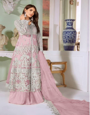 pink top -heavy net real mirror chain |bottom + inner -santoon |dupatta -heavy net |size -max upto 56 |length -max upto 58 |type -semi stitched  fabric embroidery mirror  work ethnic 