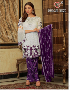 white purple top -fox georgette |bottom +inner -santoon |dupatta -nazmin |length 45 |size 58(9xl) | type -semi stitched fabric embroidery seqeunce  work ethnic 