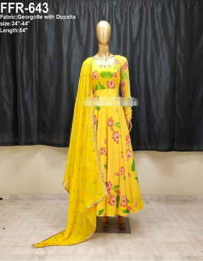 yellow georgette gown with dupatta |length 52 |flair -3.5m fabric printed work ethnic 