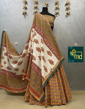 yellow  khadi cotton flair 8m waist 44 length 42 | blouse 1m |dupatta -pure cambric cotton length 2.5m width 45 fabric printed work wedding  