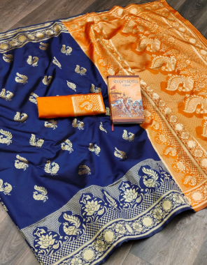 blue orange soft lichi banarasi silk fabric weaving jacqaurd  work running  