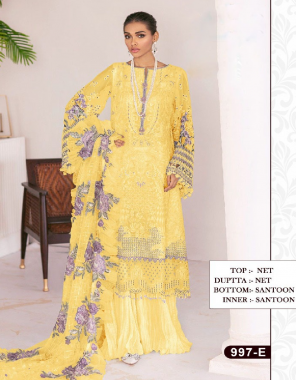 yellow  top -georgette |sleeve -georgette | bottom +inner -santoon |dupatta -net |length -max upto 42 | type -semi stitched  fabric embroidery seqeunce  work party wear  