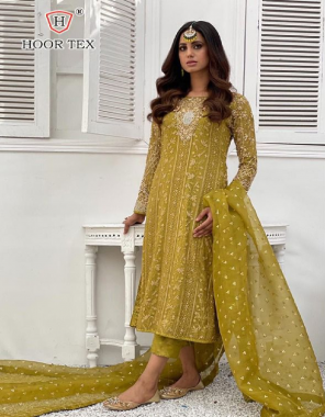 yellow top -heavy georgette |bottom + inner -santoon |dupatta -heavy nazmin |size -60(10xl) |type -semi stitched fabric embroidery sequence work wedding 