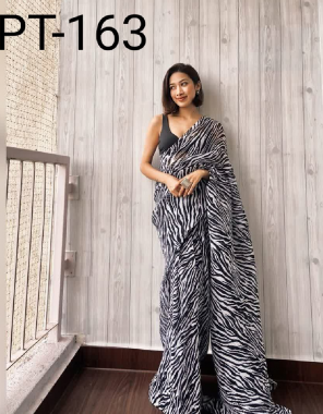 black white georgette printed saree with readymade blouse fabric printed work party wear 