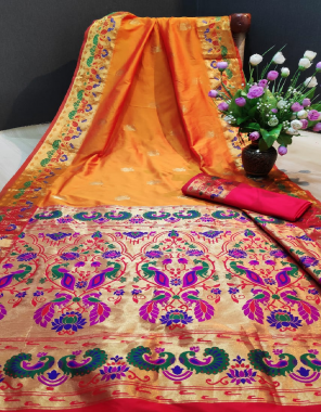 orange banarasi silk fabric weaving jacqaurd work wedding 