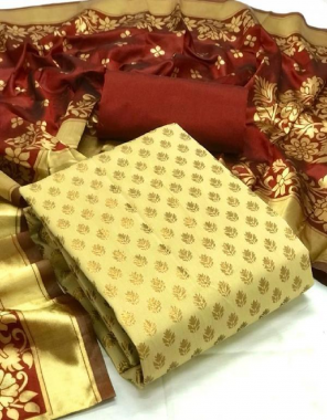 cream top -banarasi silk 2.40m |bottom -heavy silk 2.40m |dupatta -jacqaurd weaving 2.20m fabric weaving jacqaurd work ethnic 