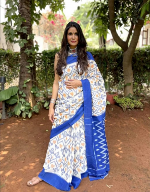 white blue soft cotton print saree with banglori satin silk blouse fabric printed work party wear  