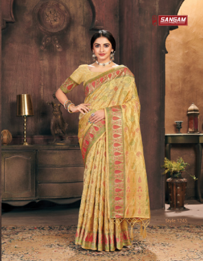 yellow organza rich pallu fabric weaving jacqaurd  work festive 