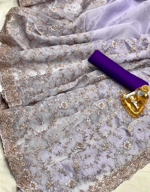 light purple pure organza silk fabric embroidery  work party wear  
