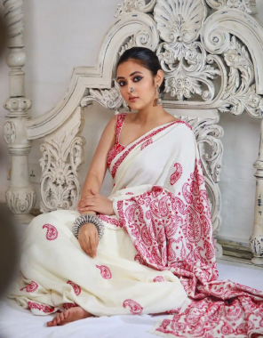 white red saree premium georgette |blouse -tapeta silk  fabric embroidery thread work wedding 